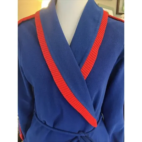 Vintage VASSARETTE Full Length Sz Sm Blue And Red Velour Robe Pockets With Belt - Picture 2 of 13